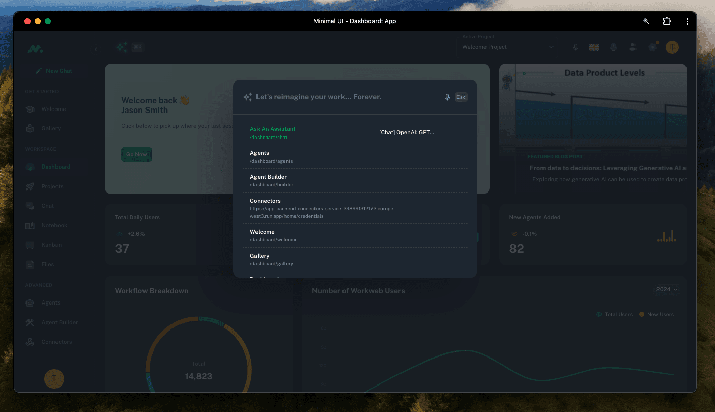Workweb product workspace showing AI agents handling day-to-day tasks