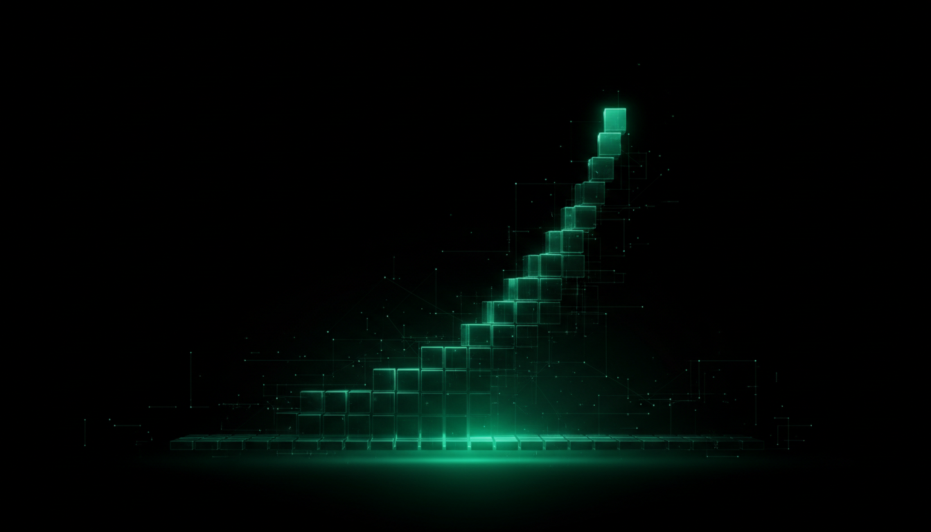 A towering emerald curve of glowing cubes surging upward out of the dark while a thin flat row stays unchanged below