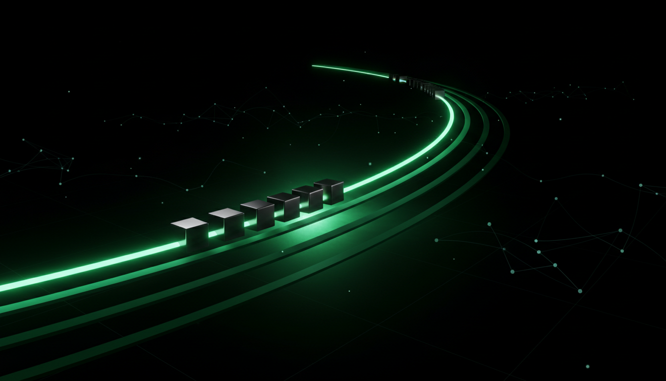 A single bright path traced through darkness, repeated by the structures assembling along it